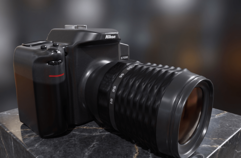 "Cámara Nikon D7000 con lente de zoom 18-55mm en un entorno de fotografía de producto profesional."